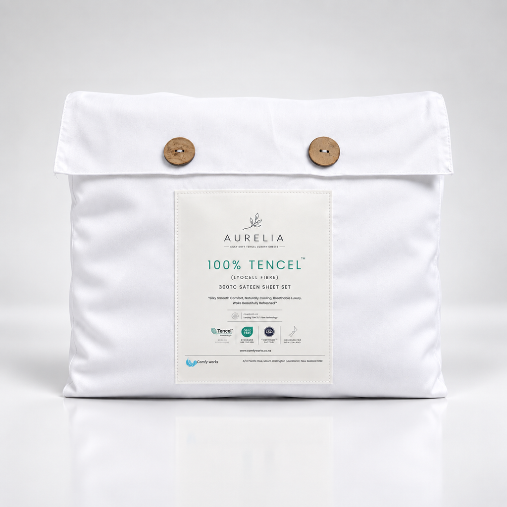 Premium Aurelia 100% TENCEL™ sheets styled in a modern luxury bedroom