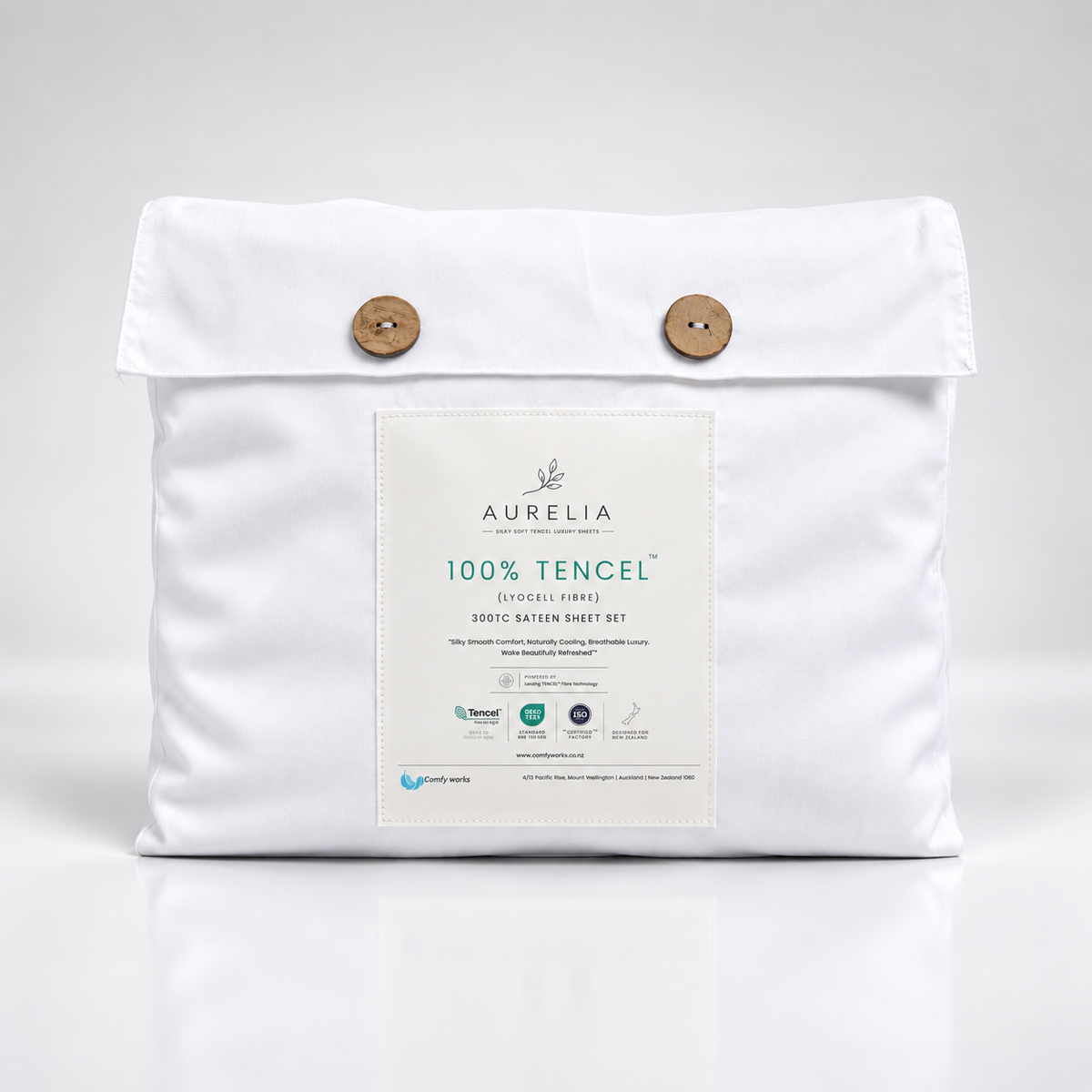 Premium Aurelia 100% TENCEL™ sheets styled in a modern luxury bedroom